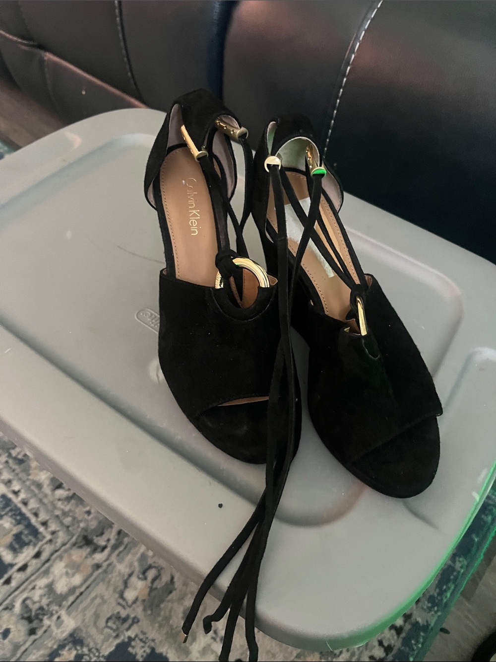 Calvin Klein Black Suede Lace-Up Open-Toe Heels with Gold Accents